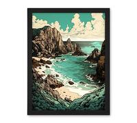 Artery8 Porthcurno Granite Cliff Beach Coastal Landscape Artwork Framed Wall Art Print 18X24 Inch