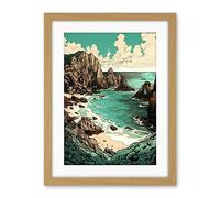 Artery8 Porthcurno Granite Cliff Beach Coastal Landscape Artwork Framed Wall Art Print 18X24 Inch
