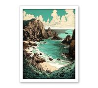 Artery8 Porthcurno Granite Cliff Beach Coastal Landscape Artwork Framed Wall Art Print 18X24 Inch
