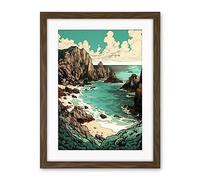 Artery8 Porthcurno Granite Cliff Beach Coastal Landscape Artwork Framed Wall Art Print 18X24 Inch