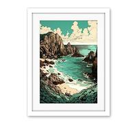 Artery8 Porthcurno Granite Cliff Beach Coastal Landscape Artwork Framed Wall Art Print 18X24 Inch