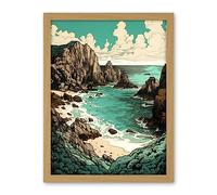 Artery8 Porthcurno Granite Cliff Beach Coastal Landscape Artwork Framed Wall Art Print 18X24 Inch