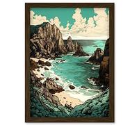 Artery8 Porthcurno Granite Cliff Beach Coastal Landscape Artwork Framed Wall Art Print A4