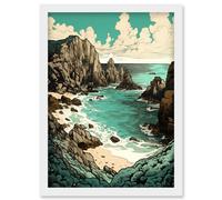Artery8 Porthcurno Granite Cliff Beach Coastal Landscape Artwork Framed Wall Art Print A4