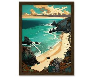 Artery8 Porthcurno Sandy Beach Cliffs Coastal Landscape Artwork Framed A3 Wall Art Print