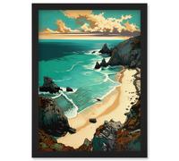 Porthcurno Sandy Beach Cliffs Coastal Landscape Artwork Framed Wall Art Print A4 Artery8 Black One Size