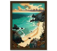 Porthcurno Sandy Beach Cliffs Coastal Landscape Artwork Framed Wall Art Print A4 Artery8 Brown One Size
