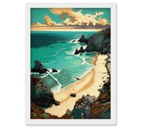Porthcurno Sandy Beach Cliffs Coastal Landscape Artwork Framed Wall Art Print A4 Artery8 White One Size
