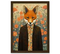 Artery8 Portrait of Dressed Fox in Suit and Shirt Floral Background Orange Brown Autumn Tones Artwork Framed A3 Wall Art Print
