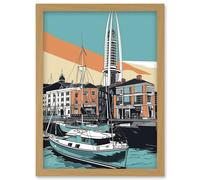 Portsmouth Historic Dockyard Modern Linocut Style Artwork Framed Wall Art Print A4 Artery8 Light Oak One Size
