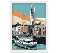 Portsmouth Historic Dockyard Modern Linocut Style Artwork Framed Wall Art Print A4 Artery8 White One Size