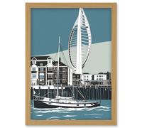Portsmouth Historic Dockyard with Spinnaker Tower Artwork Framed Wall Art Print A4 Artery8 Light Oak One Size