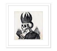 Artery8 Posada Skeleton Bishop Mitre Reading Book Illustration 8X8 Inch Square Wooden Framed Wall Art Print Picture with Mount in White Artery8 White