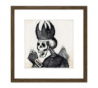 Artery8 Posada Skeleton Bishop Mitre Reading Book Illustration 8X8 Inch Square Wooden Framed Wall Art Print Picture with Mount in Brown Artery8 Brown