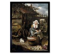 Artery8 Potuyl A Housewife Cleaning Fish Cat Painting Art Print Framed Poster Wall Decor 12x16 inch