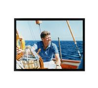 Artery8 President John F Kennedy JFK At Yacht Wheel Framed Canvas Wall Art Print in Blue | Size: W24" x H32" Artery8 Blue W24" x H32"