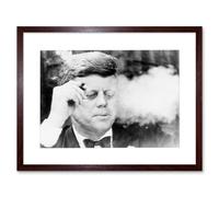 Artery8 President John Kennedy Smoking Cigar JFK Black & White Vintage Photograph Artwork Framed Wall Art Print 12X16 Inch in Brown Artery8 Brown