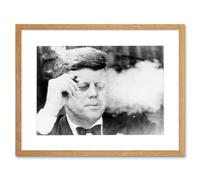Artery8 President John Kennedy Smoking Cigar JFK Black & White Vintage Photograph Artwork Framed Wall Art Print 12X16 Inch in Light Oak Artery8 Light Oak