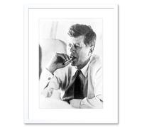 Artery8 President John Kennedy Smoking Cigar JFK Vintage Black & White Photograph Artwork Framed Wall Art Print 12X16 Inch Artery8 White