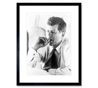 Artery8 President John Kennedy Smoking Cigar JFK Vintage Black & White Photograph Artwork Framed Wall Art Print 12X16 Inch in Grey | Size: W12" x H16" Artery8 Grey W12" x H16"