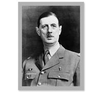 Artery8 President War General Charles De Gaulle French Portrait A4 Artwork Framed Wall Art Print in Light Grey Artery8 Light Grey