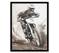 Artery8 Pro Motocross Race Racing Black White Watercolour Man Cave Artwork Framed Wall Art Print A4