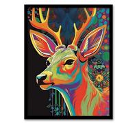 Artery8 Psychedelic Buck Multicoloured Deer Abstract Painting Vibrant Bold Bright Colourful Painting Artwork Framed Wall Art Print A4