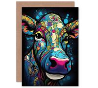Artery8 Psychedelic Cow Modern Folk Pop Art for Him or Her Man Woman Birthday Thank You Congratulations Blank Art Greeting Card