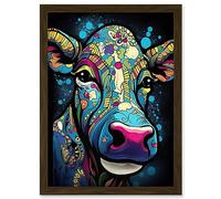 Artery8 Psychedelic Pattern Cow Acrylic Painting Colourful Folk Portrait Modern Pop Art Artwork Framed Wall Art Print A4