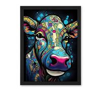 Artery8 Psychedelic Pattern Cow Acrylic Painting Colourful Folk Portrait Modern Pop Art Artwork Framed Wall Art Print 18X24 Inch