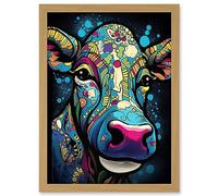 Artery8 Psychedelic Pattern Cow Acrylic Painting Colourful Folk Portrait Modern Pop Art Artwork Framed A3 Wall Art Print