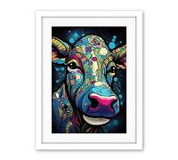 Artery8 Psychedelic Pattern Cow Acrylic Painting Colourful Folk Portrait Modern Pop Art Artwork Framed Wall Art Print 18X24 Inch