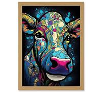 Artery8 Psychedelic Pattern Cow Acrylic Painting Colourful Folk Portrait Modern Pop Art Artwork Framed Wall Art Print A4