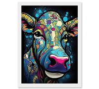 Artery8 Psychedelic Pattern Cow Acrylic Painting Colourful Folk Portrait Modern Pop Art Artwork Framed Wall Art Print A4