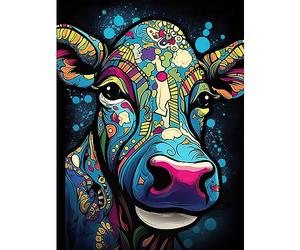 Artery8 Psychedelic Pattern Cow Acrylic Painting Colourful Folk Portrait Modern Pop Art Large Wall Art Poster Print Thick Paper 18X24 Inch