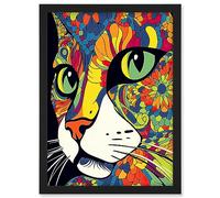 Artery8 Psychedelic Portrait Cat Acrylic Painting Close Up Vivid Mandala Patterns Artwork Framed A3 Wall Art Print