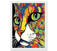 Artery8 Psychedelic Portrait Cat Acrylic Painting Close Up Vivid Mandala Patterns Artwork Framed A3 Wall Art Print