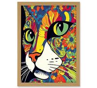 Artery8 Psychedelic Portrait Cat Acrylic Painting Close Up Vivid Mandala Patterns Artwork Framed A3 Wall Art Print