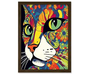 Artery8 Psychedelic Portrait Cat Acrylic Painting Close Up Vivid Mandala Patterns Artwork Framed A3 Wall Art Print