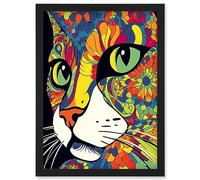 Artery8 Psychedelic Portrait Cat Acrylic Painting Close Up Vivid Mandala Patterns Artwork Framed Wall Art Print A4