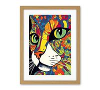 Artery8 Psychedelic Portrait Cat Acrylic Painting Close Up Vivid Mandala Patterns Artwork Framed Wall Art Print 18X24 Inch