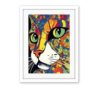 Artery8 Psychedelic Portrait Cat Acrylic Painting Close Up Vivid Mandala Patterns Artwork Framed Wall Art Print 18X24 Inch