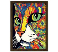 Artery8 Psychedelic Portrait Cat Acrylic Painting Close Up Vivid Mandala Patterns Artwork Framed Wall Art Print A4