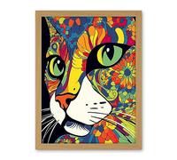 Artery8 Psychedelic Portrait Cat Acrylic Painting Close Up Vivid Mandala Patterns Artwork Framed Wall Art Print 18X24 Inch