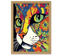 Artery8 Psychedelic Portrait Cat Acrylic Painting Close Up Vivid Mandala Patterns Artwork Framed Wall Art Print A4