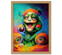 Artery8 Psychedelic Stoned Clown Trippy Colourful Artwork Framed Wall Art Print A4 in Light Oak Artery8 Light Oak
