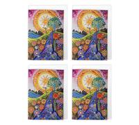 Artery8 Psychedelic Sun and Flowers Landscape Art Cards Multipack of 4 Colourful Hippy Floral Greeting Cards For Any Occasion, Blank Inside For Your Message, A6 Size 10 x 15 cms