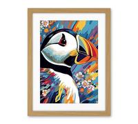 Artery8 Puffin and Flowers Acrylic Paint Vibrant Colour Brushes Psychedelic Sea Bird Artwork Framed Wall Art Print 18X24 Inch