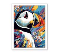 Artery8 Puffin and Flowers Acrylic Paint Vibrant Colour Brushes Psychedelic Sea Bird Artwork Framed Wall Art Print 18X24 Inch