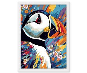 Artery8 Puffin and Flowers Acrylic Paint Vibrant Colour Brushes Psychedelic Sea Bird Artwork Framed A3 Wall Art Print